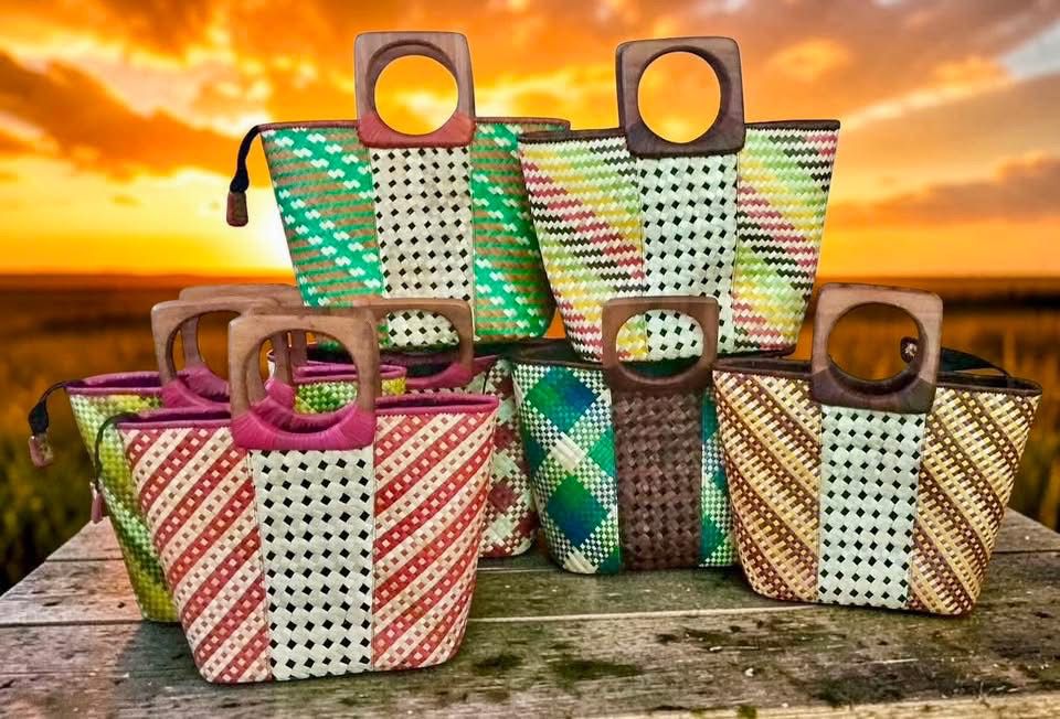Embroidered seagrass bag